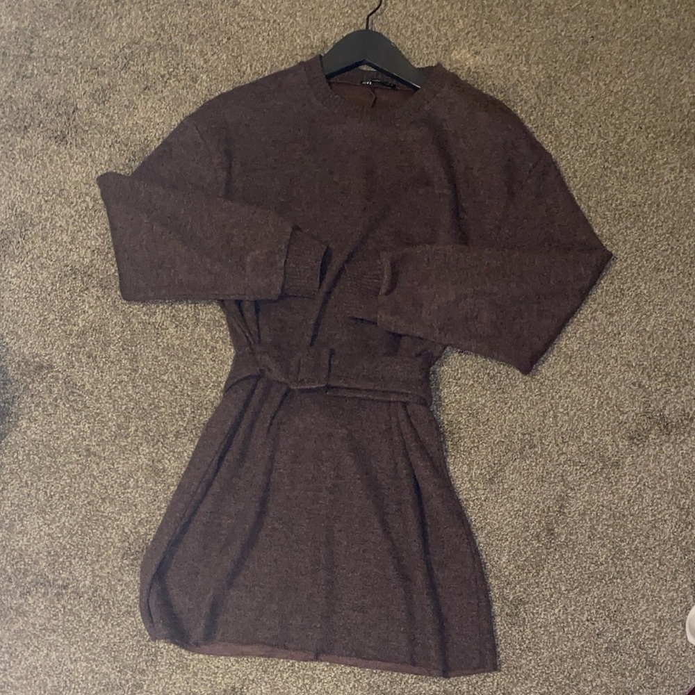 Zara Brown Long Sleeve Belted Knit Dress